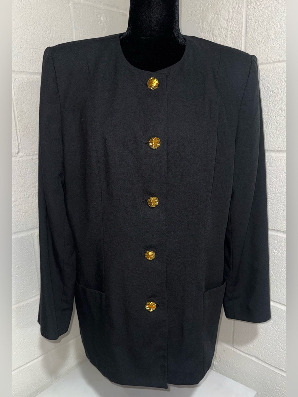 Vintage Oleg Cassini Black Collarless Blazer Gold Buttons Size 14
